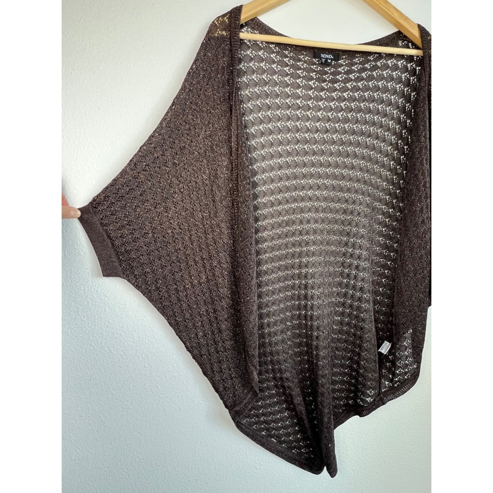 XOXO Brown Metallic Open Knit Cardigan M Cocoon Batwing Boho Festival Shrug
